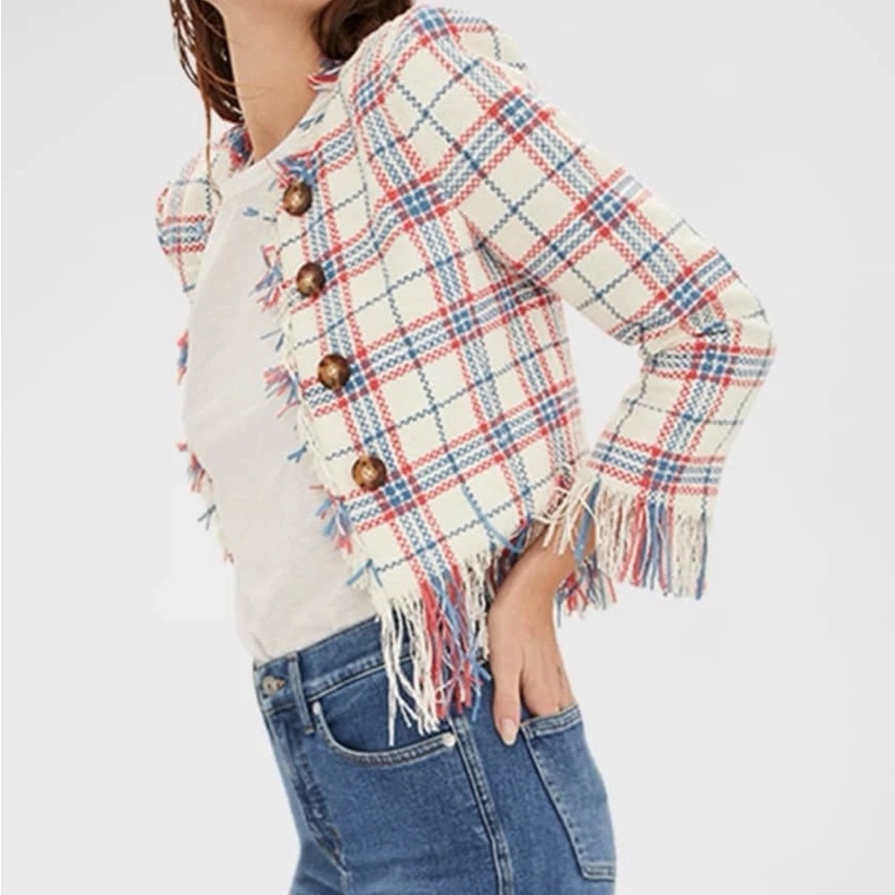 Veronica Beard Marlton White Blue Red Plaid Tweed Fringe Blazer Jacket Size 2